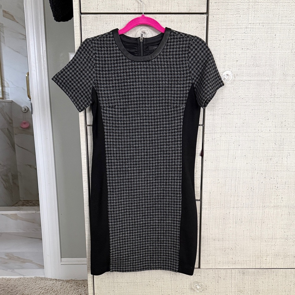 J. Crew Black and Gray Houndstooth 100% Wool Mini Dress Real Leather Detailing